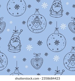 Patrón de año nuevo sin problemas con Santa Claus, bola de Navidad con ángel sobre fondo azul claro con copos de nieve. Ilustración vectorial. dibujo a mano de esquema. Cute colección de niños de Navidad.