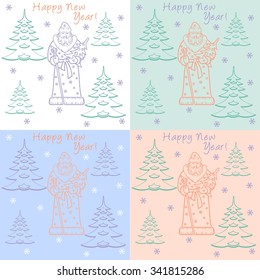 Seamless New Year pattern with Santa, snowflakes and firs . Background design. Light blue, green, brown, white, pink