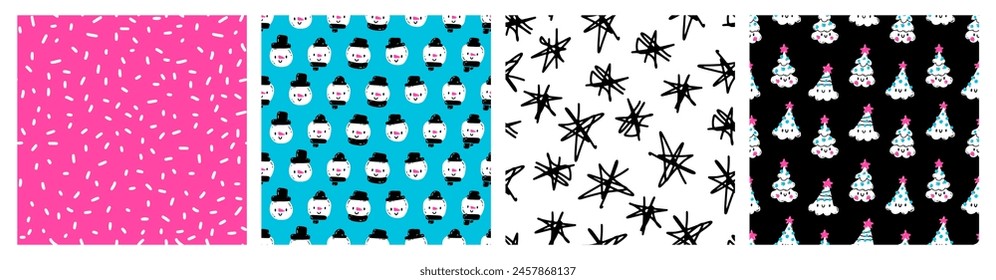 Seamless New Year pattern. Simple dot pattern. Vector illustration of snowman, Christmas tree, snowflake.