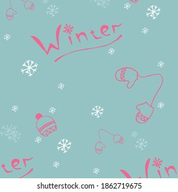 Seamless new year pattern of snowflakes and winter clothes on light blue background for your design