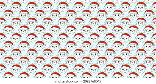 Seamless new year pattern. Snowman in Santa hat pattern in kawaii style. Stock vector illustration.