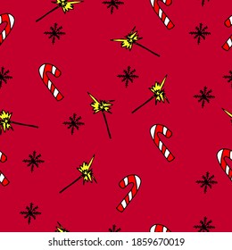 patrón de año nuevo sin fisuras con chispas y ollipops sobre un fondo rojo al estilo Doodle 