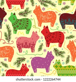 Seamless new year pattern with stylized colored pigs and fir branches
