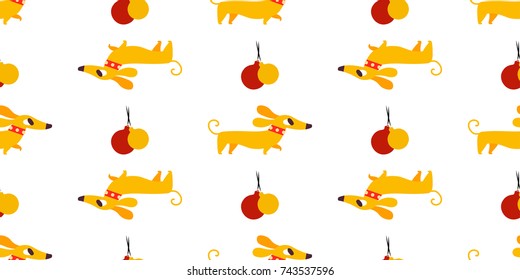 Seamless New Year pattern with yellow dogs symbol of year 2018 on a white background. Vector illustration.