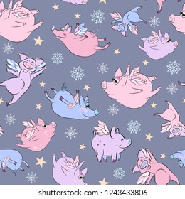 Seamless New Year print with flying pigs. Funny illustrations of pigs with wings, snowflakes and stars on a gray-blue background.