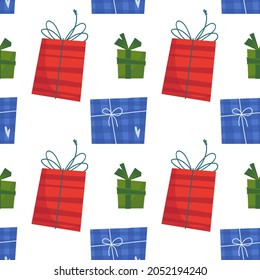 Seamless New Year s pattern with multicolored boxes with gifts. Christmas vector illustration of blue, red and green gifts in cartoon childish style isolated on white background.