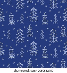 Seamless New Year template with stylized Christmas trees In the forest. Vector holiday background for packaging, paper and textile products.