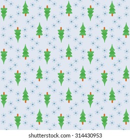 Seamless New Year Tree and snowflakes Pattern. Christmas Background. Decorative holiday design template. Vector Illustration. Green and blue and grey colors