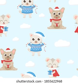 Seamless new year vector illustration of pets. A cat, dog and mouse design or packaging, fabric, textiles, print and postcards