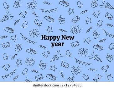 A seamless new year and winter pattern illustrated in simple black-and-blue doodle line art. For new year background, banner, cover, social media