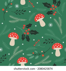 Seamless New Year and xmas pattern with fir branches, trees and amanita mushrooms