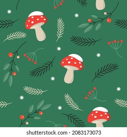 Seamless New Year and xmas pattern with fir branches, trees and amanita mushrooms