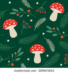 Seamless New Year and xmas pattern with fir branches and amanita mushrooms