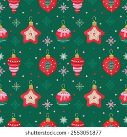 Seamless New Year's contrast pattern with red New Year's toys on a green background. Bright background or wallpaper for your projects