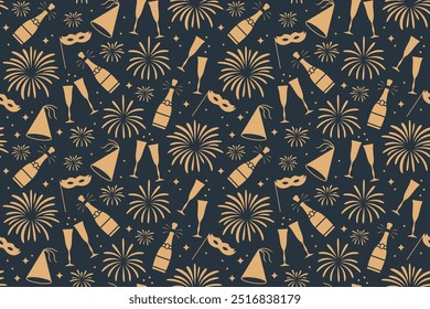 padrão de ouro de véspera de Ano Novo sem costura com garrafa de champanhe, copos, fogos de artifício, chapéu de festa e máscara- ilustração vetorial