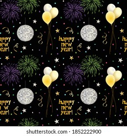 seamless new years eve pattern with balloons and fireworks