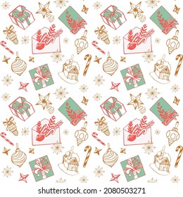 Patrón de Nochevieja sin foco en un fondo blanco, con elementos dorados de Navidad. Para envolver papel, tarjetas y productos de bienvenida.