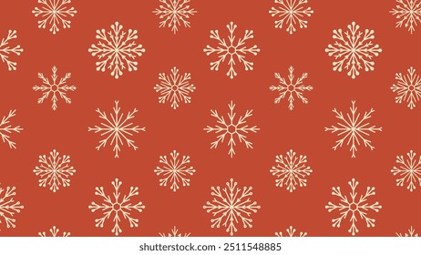 Padrão de véspera de Ano Novo sem costura com flocos de neve em um fundo vermelho em cores retrô. Banner horizontal do vetor