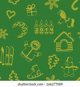 Seamless new year's green background - yellow silhouettes