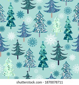 Patrón de Año Nuevo sin foco. Resumen de árboles de Navidad y copos de nieve. Dibujo estilizado sobre tela y papel de envoltura. 2021