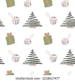 Seamless New Year's pattern of abstract Christmas trees, gifts and Christmas balls. Christmas print for wrapping paper and fabric