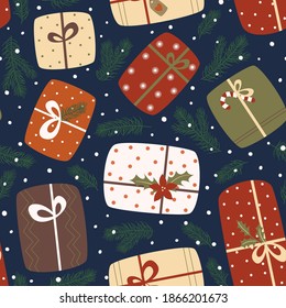 Seamless New Year's pattern with bright gifts. Christmas background with gifts, fir branches, snow. Cute illustrations for fabric, wrapping paper, postcard design.