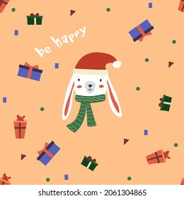 Seamless New Year's pattern with a bunny to a red hat and gift boxes. Happy New Year and Christmas.