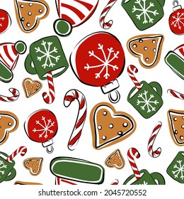 Patrón de Año Nuevo sin foco. Una bola de Navidad. galletas de jengibre, tazas de cacao, impresión para tela, afiche, fondo, papel de embalaje.