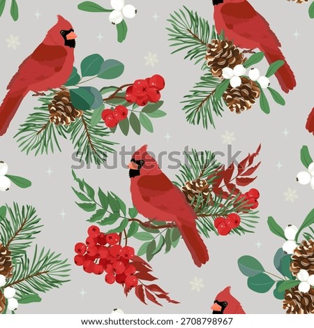 A seamless New Year's pattern with a Christmas tree, birds, mistletoe and 
rowan. Suitable for decorating textiles and packaging.