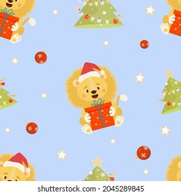 Seamless New Years pattern. Cute Santa lion with big gift on blue background with Christmas tree and Christmas balls. Vector illustration