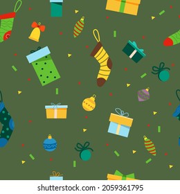 Seamless New Year's pattern in doodle style. Design for gift wrapping, postcards and more. Gift boxes, socks, Christmas toys.