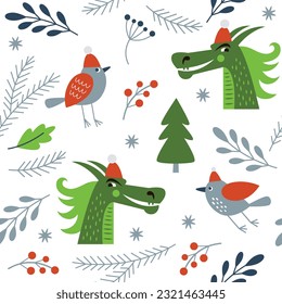 Seamless new years pattern with dragons and birds