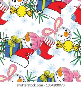
Seamless New Year's pattern in the form of snowmen, branches of a Christmas tree, gifts, sweets, snowflakes. Vector illustration.
