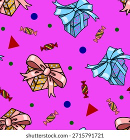 Un patrón de año Nuevo sin fisuras con regalos en cajas y caramelos sobre un fondo rosa. Conveniente para la decoración de la tela, papel de embalaje, Fondo de pantalla, y más.
