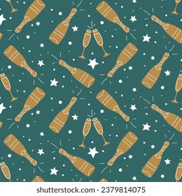 Seamless New Year's pattern with glasses and a bottle of champagne, confetti pattern. Party, New Year celebration - vector illustration.