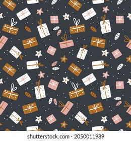 Patrón de Año Nuevo sin foco. Regalos de vacaciones en un fondo neutral. Ilustración del vector