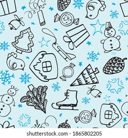 A seamless New Year's pattern on a blue background.