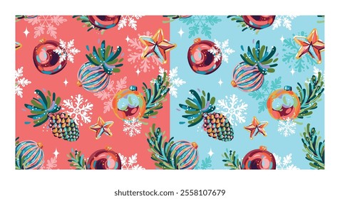 Seamless New Year's pattern, painted festive attributes with snowflakes.