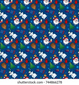Seamless New Year's pattern with Santa Claus, Snowman, gift, snowflake, Christmas tree, bullfinch bird. Perfect for wallpaper, gift paper, pattern fills, web page background, cards.