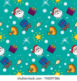 Seamless New Year's pattern with Santa Claus, gift, snowflake, star, champagne. Perfect for wallpaper, gift paper, pattern fills, web page background, cards. Vector illustration.