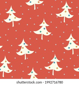 Seamless New Year's pattern with silhouettes of Christmas trees on a red background.