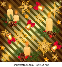 Seamless New Year's pattern. Snowflakes. Winter Holidays Decoration. Vector set. background. Holiday greeting background. Striped background. Bow. Spruce branches.