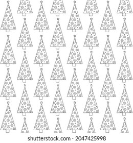 A seamless New Years pattern of stylized decorated Christmas trees. Vector holiday background for packaging, paper and textile products