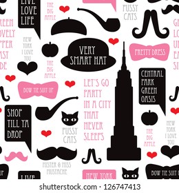 Seamless New York big apple mustache pattern retro typography background in vector