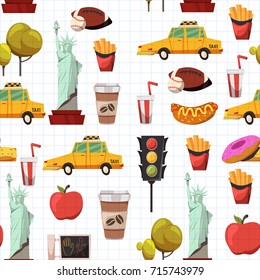 Seamless New york Set Vector pattern with flat icons Taxi, apple, donut, statue of Liberty New york Usa travel