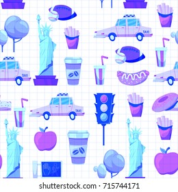 Seamless New york Set Vector pattern with flat icons Taxi, apple, donut, statue of Liberty New york Usa travel