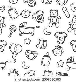 Seamless newborn baby doodle pattern with black and white color suitable for the background