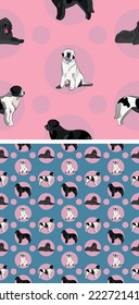 Nahtlose Neufundland-Hundemuster, Urlaubstextur. Quadratisches Format. Rosa, blaue Verpackung, Textil, Stoff, Dekoration, Packpapier.Trendy handgezeichnet Hunde Tapete. Feierlicher Hintergrund mit Kreisen.
