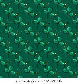 Seamless nice green pattern with happy clover, vector