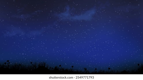 Seamless night calm landscape. Flat silhouette grass and flower field under the realistic starry sky scene. Vector horizontal background.
